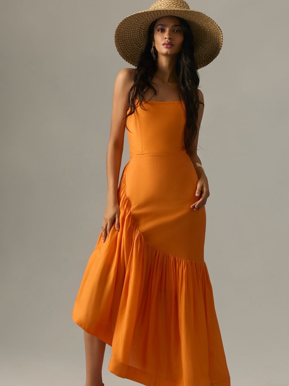 Anthropologie Let Me Be Strapless Asymmetrical Orange Dress